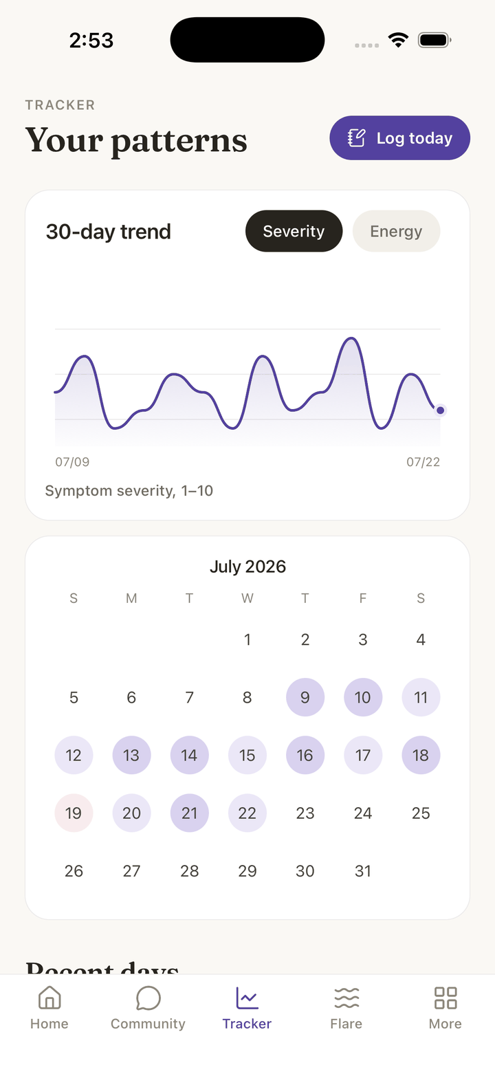 The app's daily symptom log